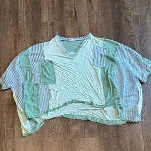 POL Light Blue and Green V-Neck Top